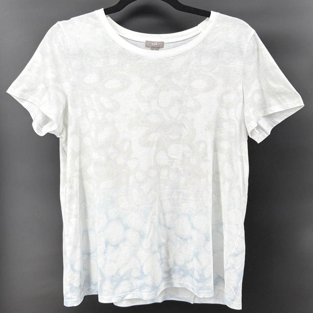 J Jill Womens L Petite Blue White Floral Cotton Short Sleeve Scoop Neck Tee